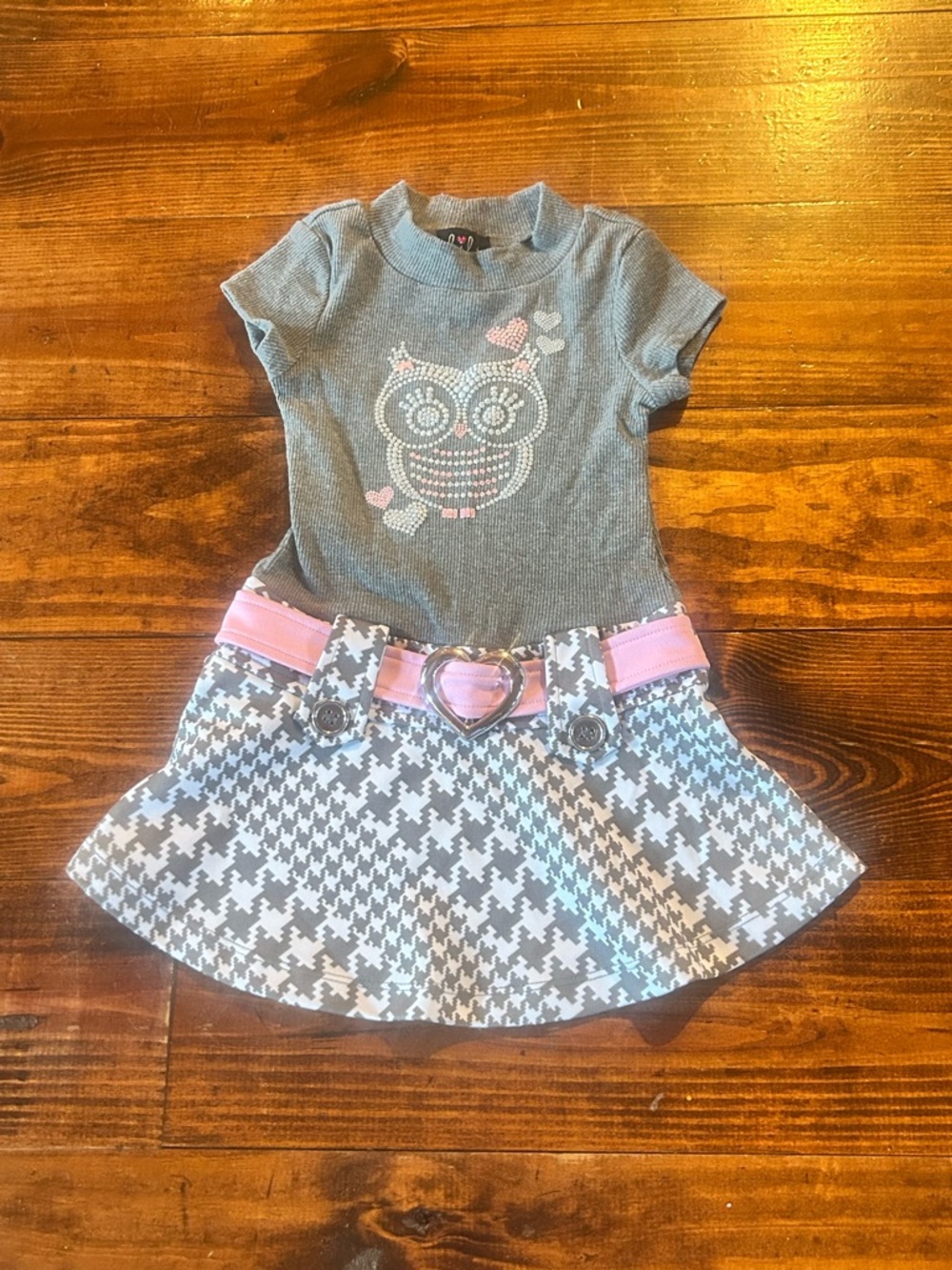 lilt Toddler Grey Knit Owl Top with Pink Belted Houndstooth Skirt